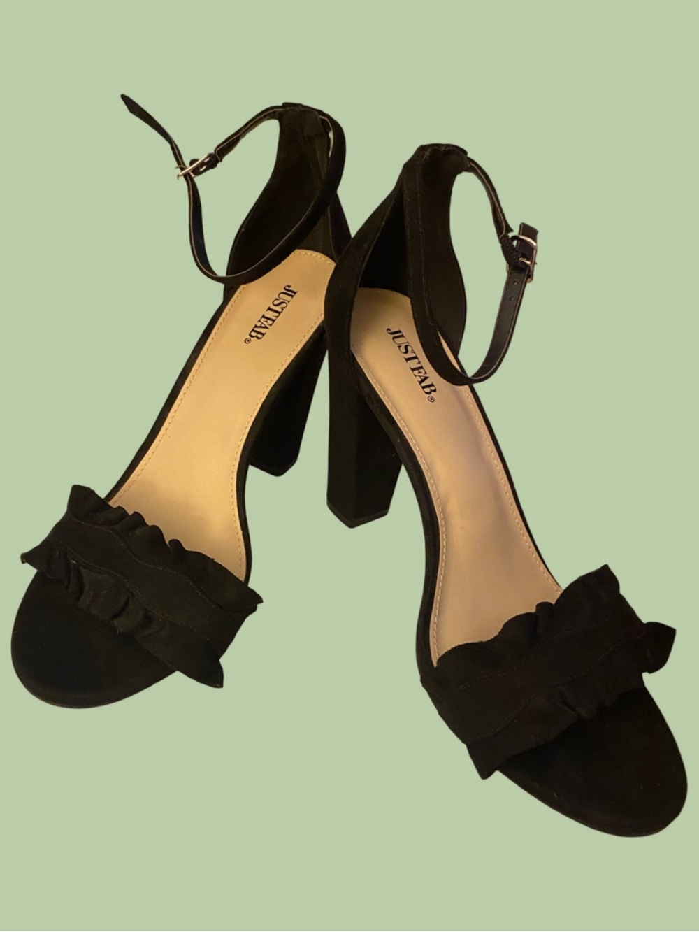 Black Ruffle Ankle-Strap 4” Block Heels